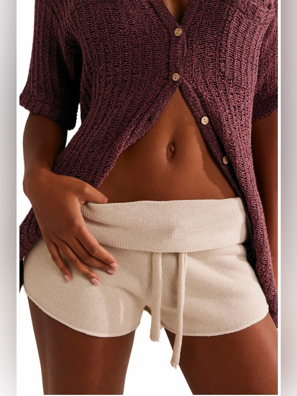 Free People Rita Sweater Knit Cotton Shorts Size L Cream NWOT
